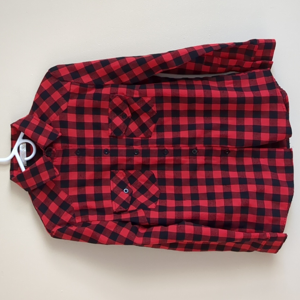 Small Genhoo Buffalo Plaid Long Sleeve Button Up Shirt Red Black
